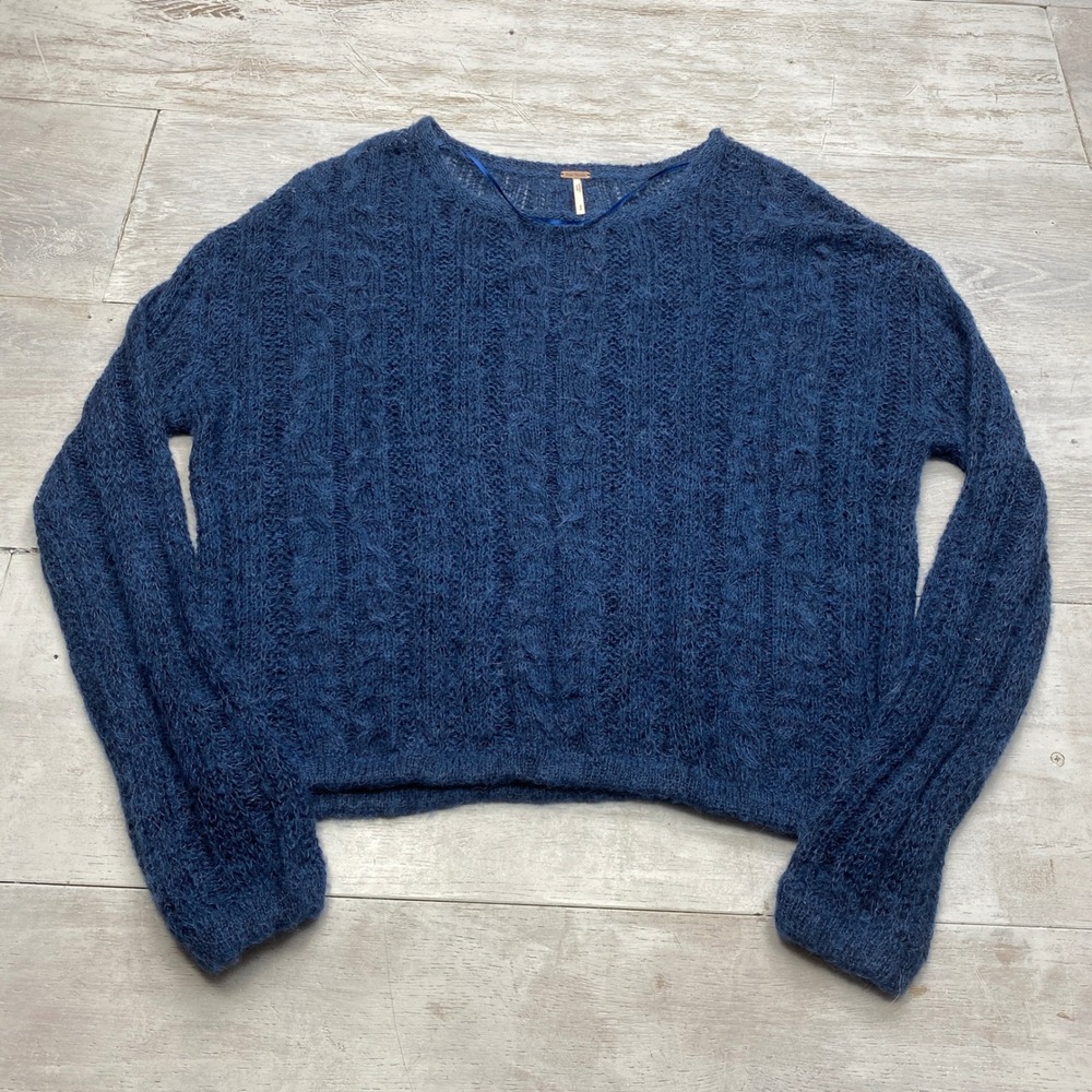 Free People Mohair Blend Sweater Womens Small Blue Open Cable Knit Cropped Boho